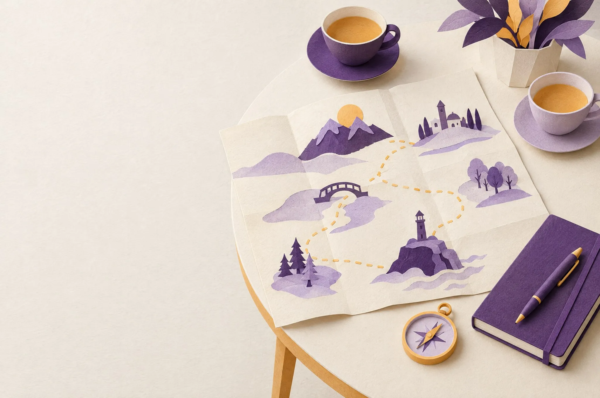 A paper-craft table with an unfolded map, a dotted path between landmarks, two cups of tea, a notebook and a compass.