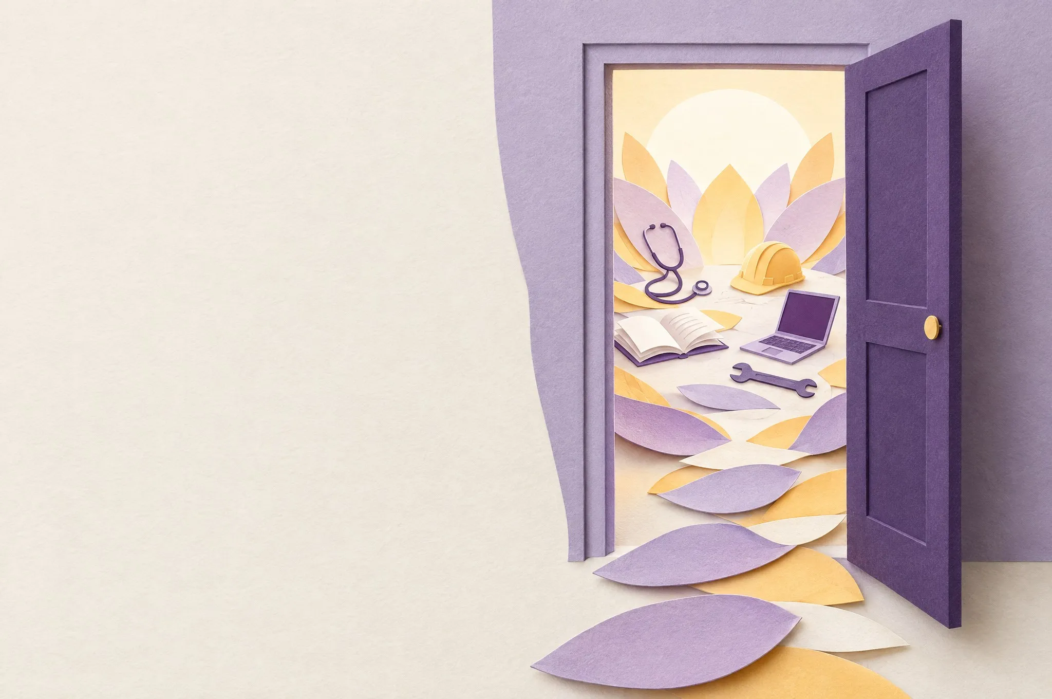 A paper-craft door standing open in a lavender wall. Paper petals form a path to a stethoscope, a hard hat, a book, a laptop and a wrench.