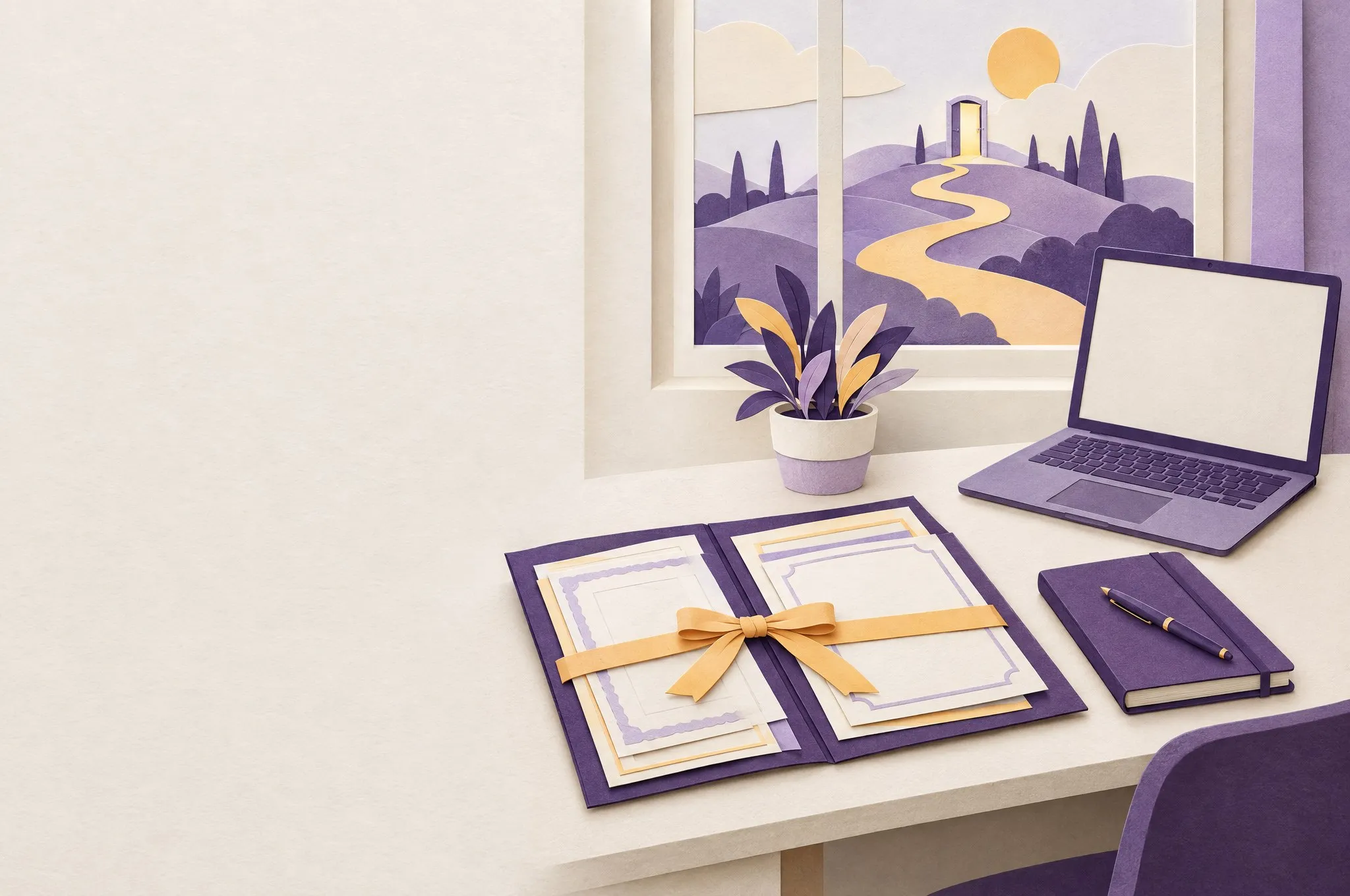 A paper-craft desk with a folder of diplomas tied with a ribbon, a notebook and a laptop. Through the window, a path leads over the hills to an open door.