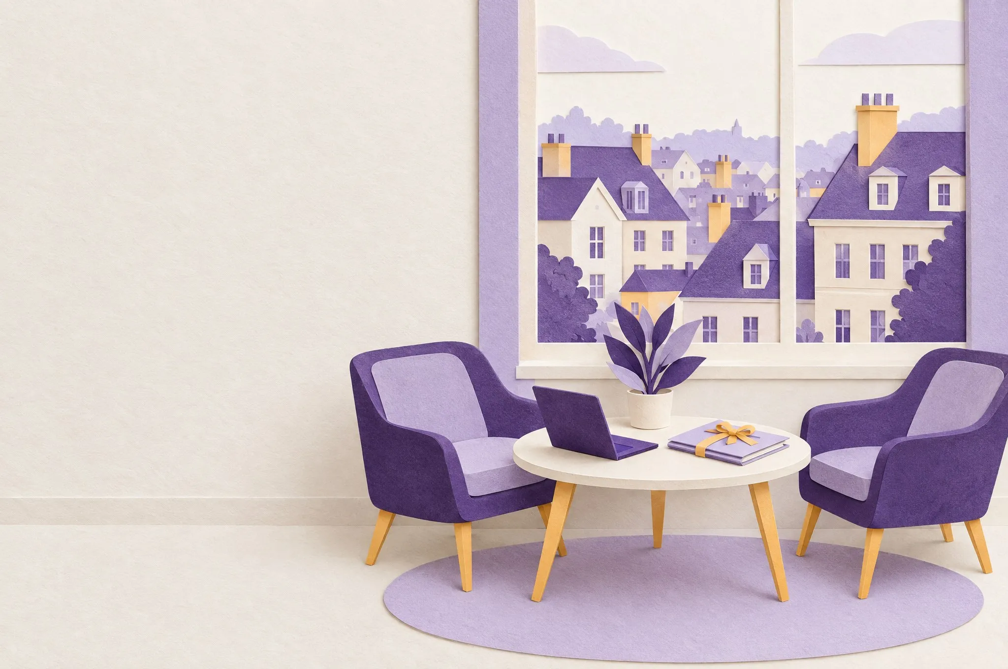 A paper-craft meeting corner: two armchairs at a round table with a laptop and a folder of documents, town rooftops outside the window.