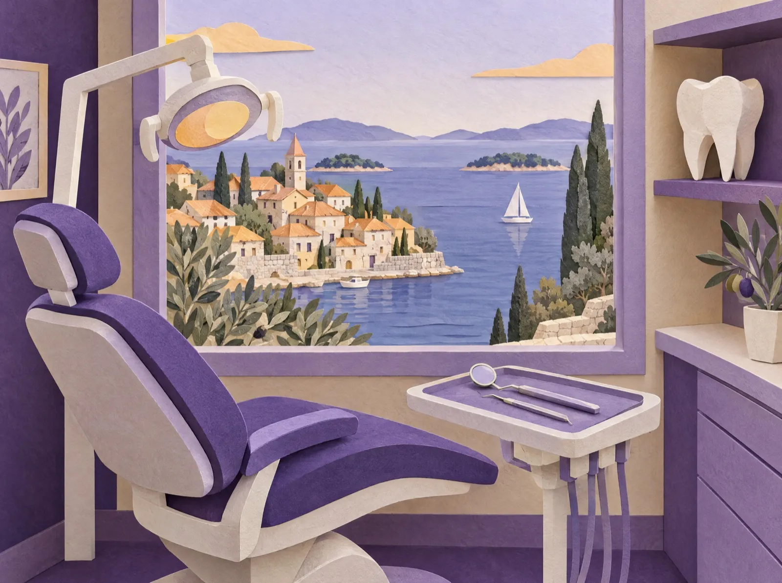 Paper-craft scene: a dentist's chair with its lamp, a tray with a mirror and a probe, and a large tooth model; through the window, a harbour town on the Adriatic coast.