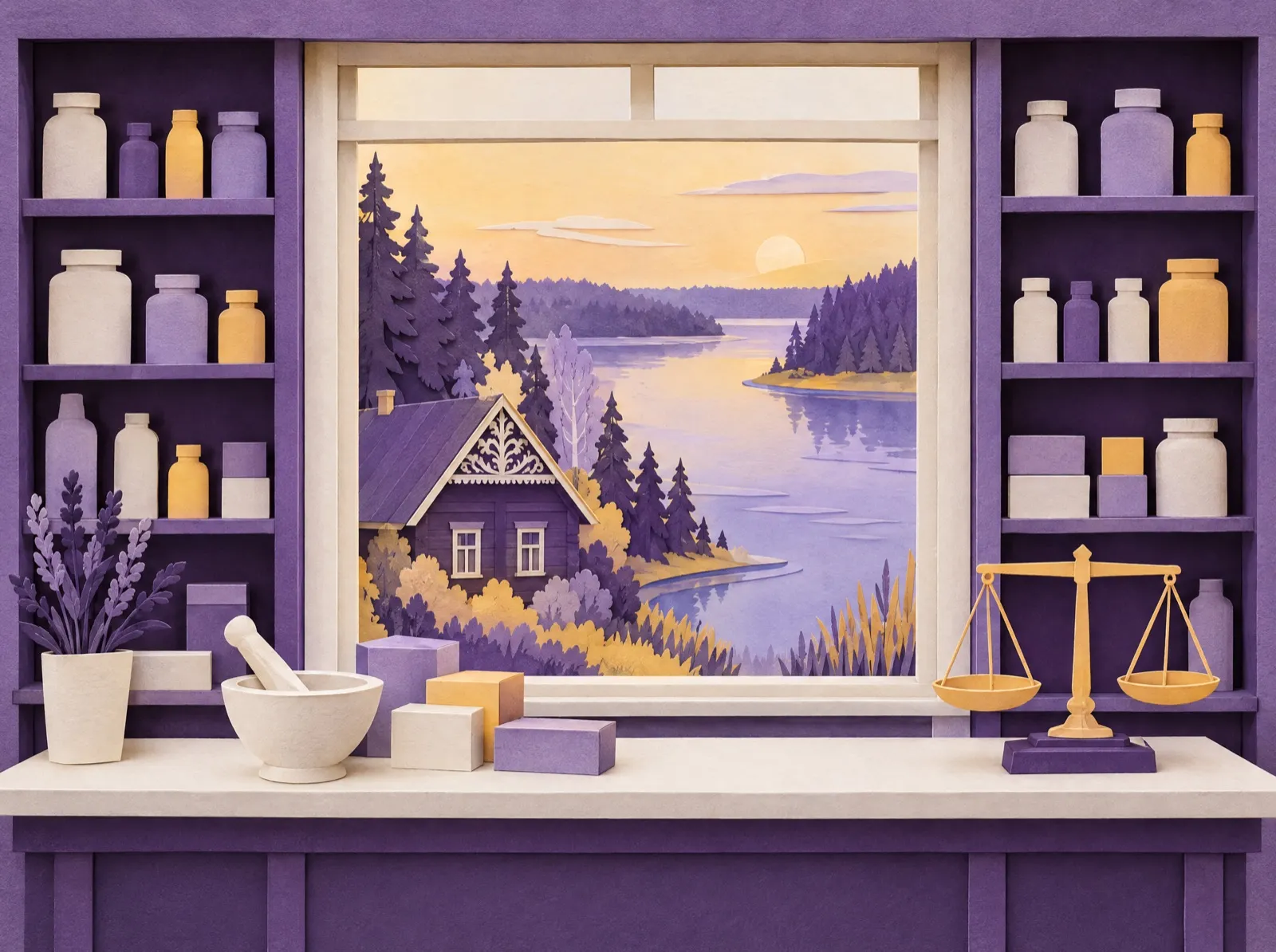 Paper-craft scene: a pharmacy counter with jars on shelves, a mortar and pestle and a balance scale; through the window, a wooden house by a lake in a pine forest.