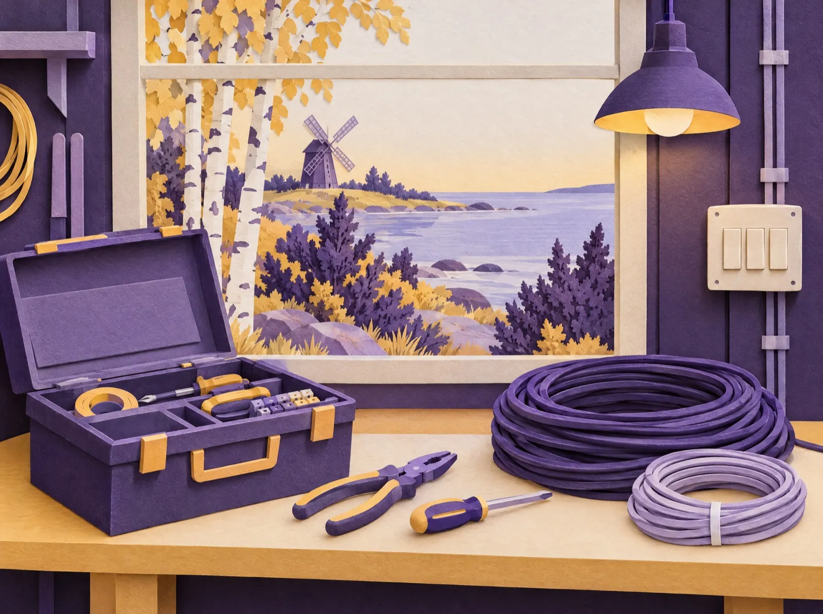 Paper-craft scene: an open toolbox, pliers, a screwdriver and coils of cable on a workbench; through the window, birch trees, a wooden windmill and the Baltic shore.