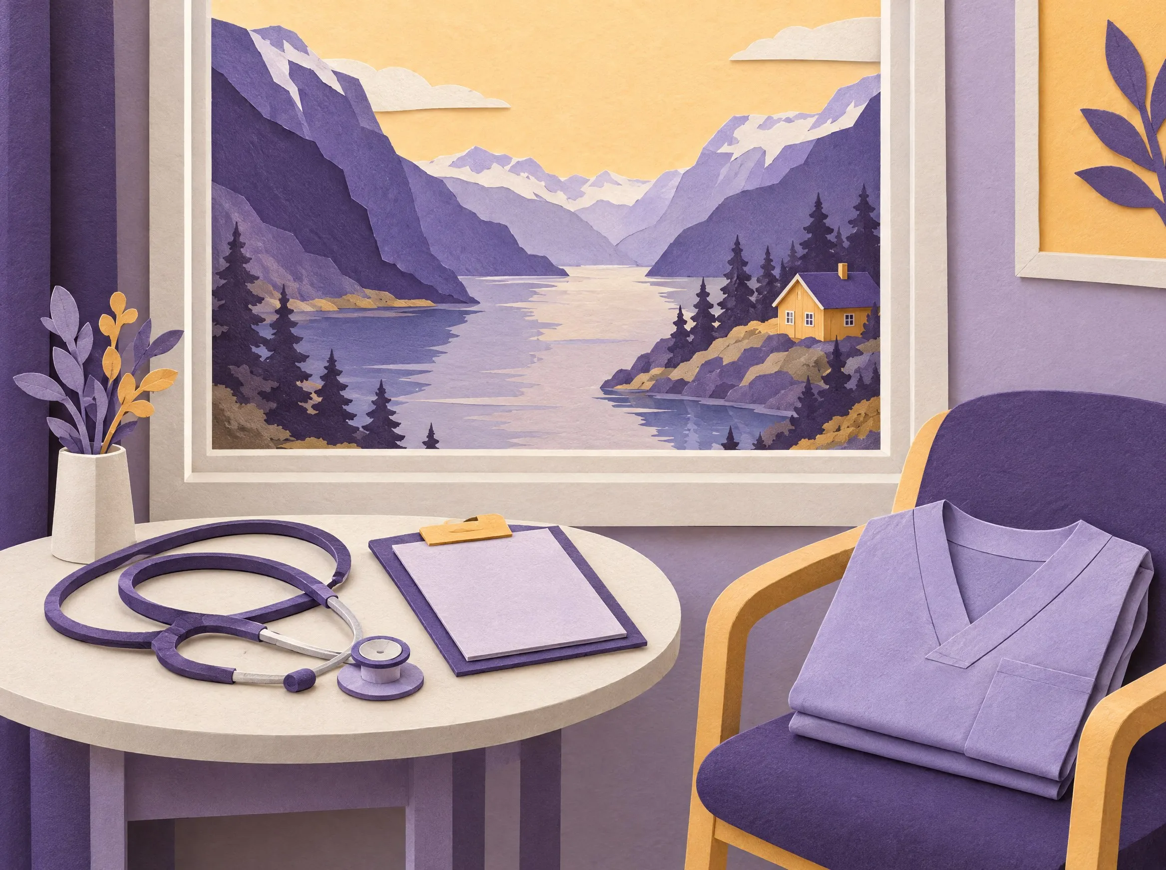 Paper-craft scene: a stethoscope, a clipboard and a folded nurse's uniform; through the window, a Norwegian fjord.