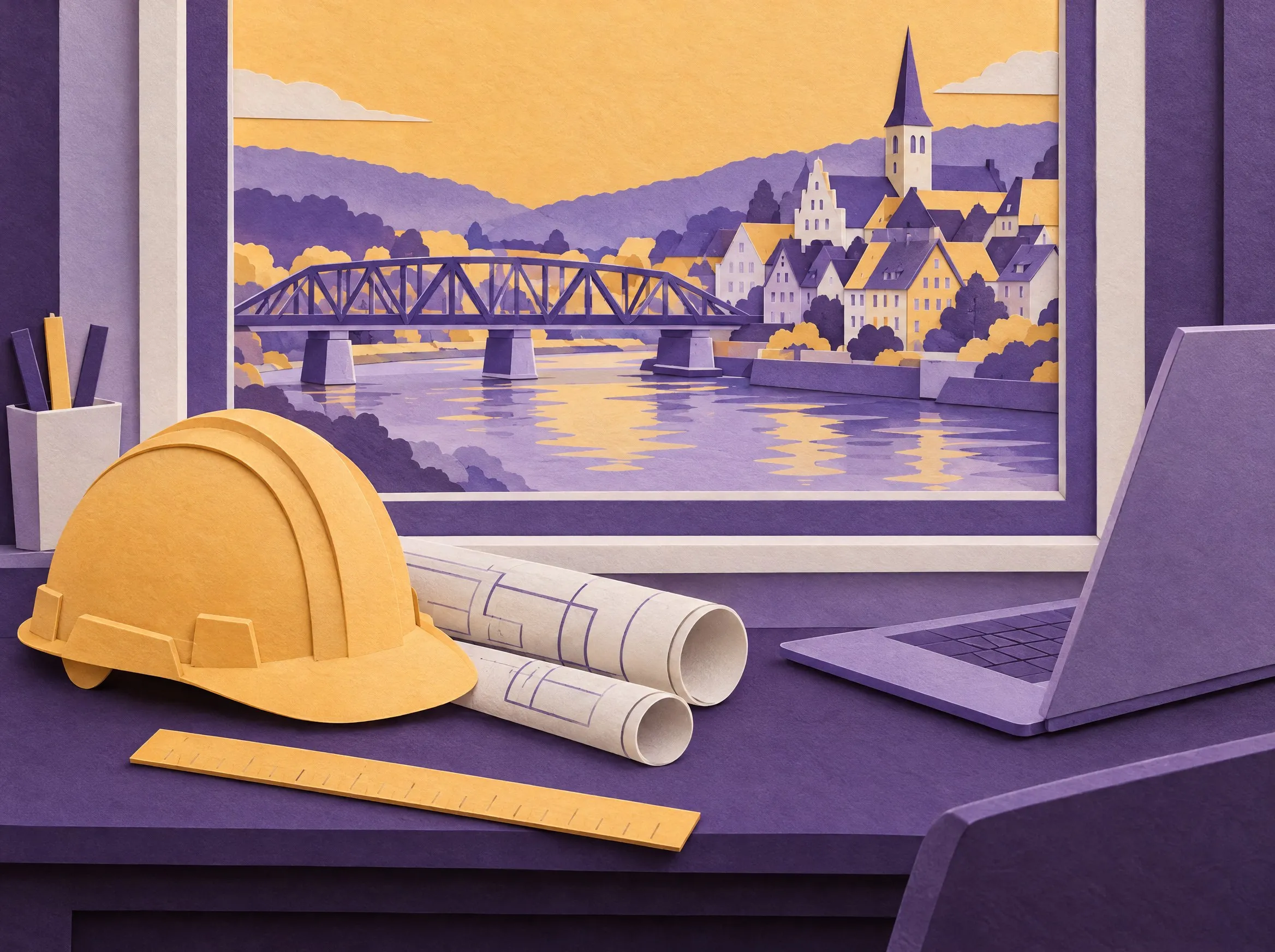 Paper-craft scene: a hard hat, rolled plans, a ruler and a laptop; through the window, a German river town with a steel bridge.