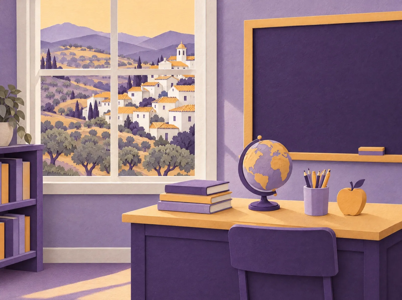 Paper-craft scene: a teacher's desk with books, a globe, pencils and an apple, and an empty blackboard; through the window, a white hillside village among olive trees.