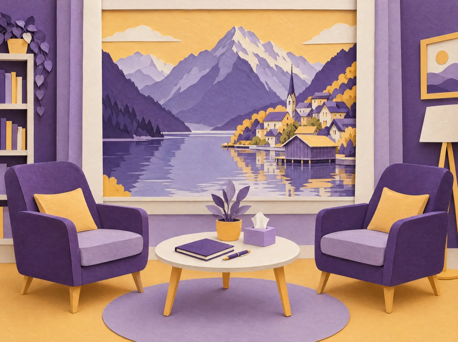Paper-craft scene: two armchairs facing each other across a low table with a notebook and a box of tissues; through the window, an alpine lake and a village.